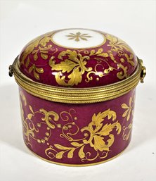 Hand Painted Limoges Sevres Paste Gold Hinged Porcelain Patch Box In Burgundy