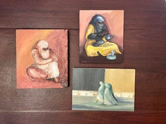 Trio Of Moroccan Women Oil On Wood Paintings By Patti Hirsch (American, 1935-2023)