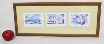 Framed Triplex Print Of Various European Castles In A Nice Frame, Nicely Matted