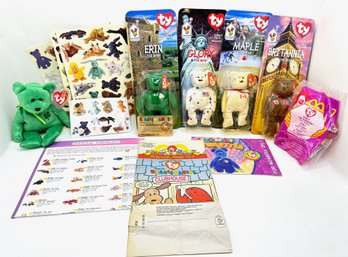 New Ty Beanie Baby International Bears, 10th Anniverary Dublin, Stickers & Official Beanie Baby Club Papers