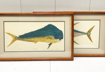 A Pair Of Vintage Embossed Lithographs - Fish Themed - Artist Signed And Numbered