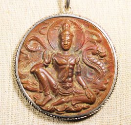 Vintage Tibetan Sterling Silver And Bronze Medallion On Chain Necklace