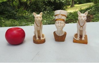 Trio Of Small Egyptian Figures Including 2 Egyptian Cats And Bust Of Nefertiti