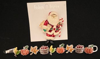 Vintage Jewelry Lot - Santa Claus Brooch - Gold Tone New On Card & Autumn Harvest Bracelet - Silver Tone