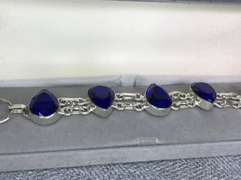 Gorgeous Sterling Silver / 925 Toggle Bracelet With Royal Blue Tourmaline - Very Pretty Bracelet - NEW !