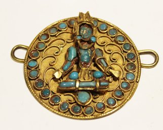 Gilt Brass Buckle Having Turquoise Colored Glass Stone Buddha