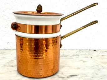 A Vintage Copper And Porcelain Double Boiler
