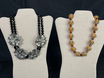 2PC Statement Necklace Lot - Black With Floral Accents, Orange Enamel & Rhinestone Beads