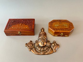 Indian Wood And Brass Boxes And Aluminum Ganesha