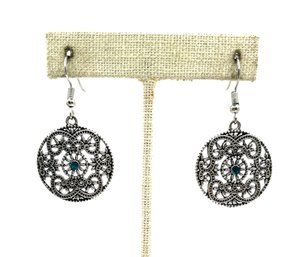 Lovely Ornate Round With Aqua Blue Stone Dangle Earrings