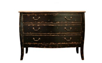 Black Distress 3-drawer Bombe Dresser With Wood Top With Drift Wood Ash Finish And Brass Pulls