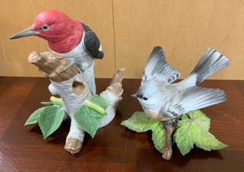 2 Vintage Lenox Porcelain Birds ~ Tufted Titmouse & Red-Headed Woodpecker ~