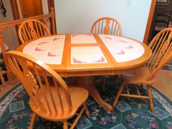 Oak Tile Top Pedestal Table With 4 Wheel  Windsor Chairs