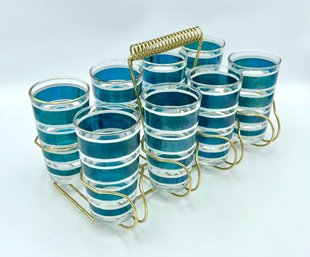 Set Of 8 Mid Century Hazel Atlas Highball Glasses With Brass Carrier