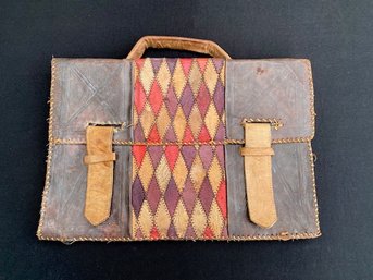 Vintage Leather Handbag W/ Diamond Pattern Center