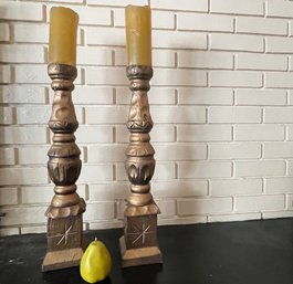 Pair Of Tall Vintage Gilt Painted Carved Wood Candle Holders
