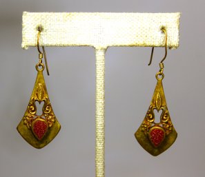 Fine Artisan Brass Pierced Earrings And Goldstone