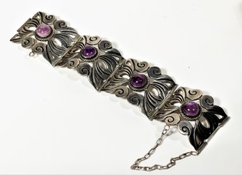 Large Mexican 980 Sterling Silver Wide Bracelet Having Cabochon Amethyst Stones