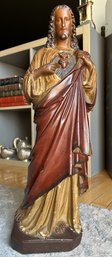 Superb Antique Late Q9th Century Chalkware Statue Of Jesus Christ- Large 22' Tall- Hand Painted