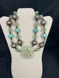 Chunky Statement Necklace With Jade Medallion And Assorted Beads - 17'