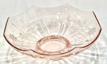 Vintage Pink Depression Glass Floral Etched Footed Scalloped Octagon Serving Bowl