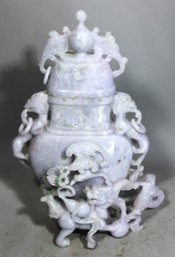 Very Fine Antique Chinese Hand Carved Jade Lidded Jar W Dragons
