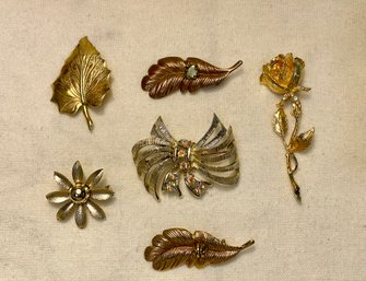 Vintage Gold Tone Brooches Including Rose, Leaves & Bow