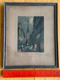 Signed Victor Valery Etching Paris Street Scene And Notre Dame Cathedral 10.5x13 Framed Glass
