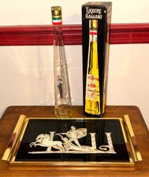 Golden & Glass Tray W/ Nora Frankel Artwork & Vtg 18in. Liquore Galliano Collector's Empty Bottle In Orig. Box