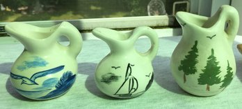 Lot Of 3 Miniature Mini Seashore & Forest Painted Val Pottery Pitcher / Creamers