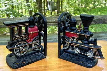 A Pair Of Vintage Painted Cast Iron Steam Engine Bookends