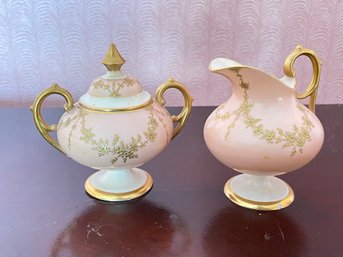 Beautiful Cream And Sugar Set With Pink And Gold Vines Finish