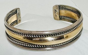 SIGNED LITTLE R.C. (CHARLENE & ROBERT LITTLE) NATIVE AMERICAN STERLING SILVER AND 12K GOLD-FILLED CUFF