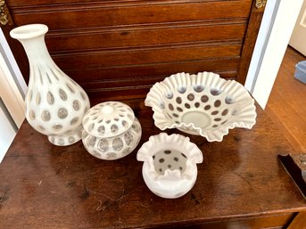 Group Of Fenton COIN DOT Thumbprint White French Opalescent Pieces