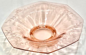 Vintage Pink Depression Glass Floral Etched Flared Footed Octagon Serving Bowl.