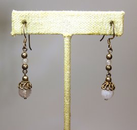 Pair Fine Sterling Silver Beaded Opaque Stone Earrings