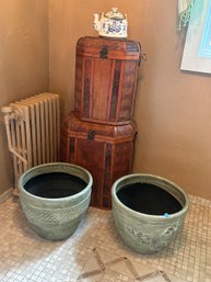 TWO PLANTERS AND A RATTAN BOX