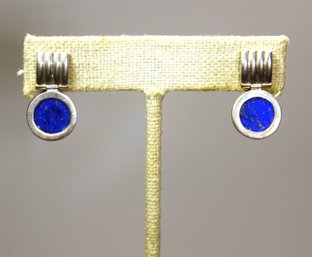 Pair Fine Sterling Silver Lapis Lazuli Pierced Earrings