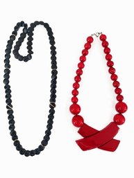 Vintage Modern Style Rad Red Chunky And A Long Sleek Black Necklaces