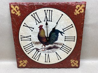 Rooster Wall Clock. Painted Blue Stone Slate With Fleur-de-lis. Laiteberger. Measures 12' X 12'. Untested.