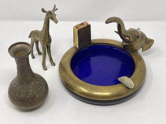 Elephant Ashtray Made In Austria, Etched Vase Made In India And A Brass Giraffe