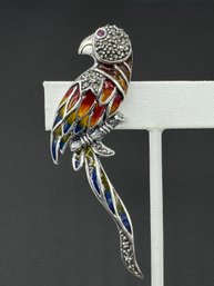 Multi Colored Enamel Sterling Silver Marcasite Parrot Pendant/ Brooch