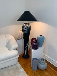 1980s Postmodern Black Cast Resin Floor Lamp With Pastel Airbrush Details And Original Shade.