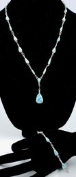 Beautiful Silvertone & Larimar Stone Pendant Necklace & Bracelet Set