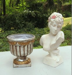 Two Decorator Pieces - Ceramic Silver & Gold Urn Plus Bust Of Woman