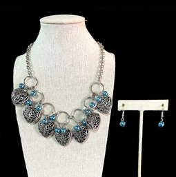 Large Ornate Blue Beaded Hearts Chunky Statement Necklace And Earrings Set