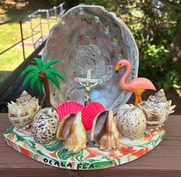 1950s Vintage Kitcschy Florida Souvenir Diorama Piece Authentic Shells Plastic Flamingo Palm Tree 11' X 8'