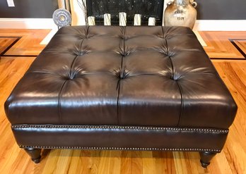 Large Leather Ottoman With Nailhead Trim Accent