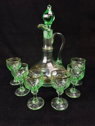 Vintage Green Glass Decanter Set W/cordial Glasses