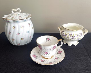 Mixed Porcelain Lot- Biscuit Jar By I. Godinger, Tea Cup & Saucer By Royal Windsor & Cauldron Ware Sugar Bowl